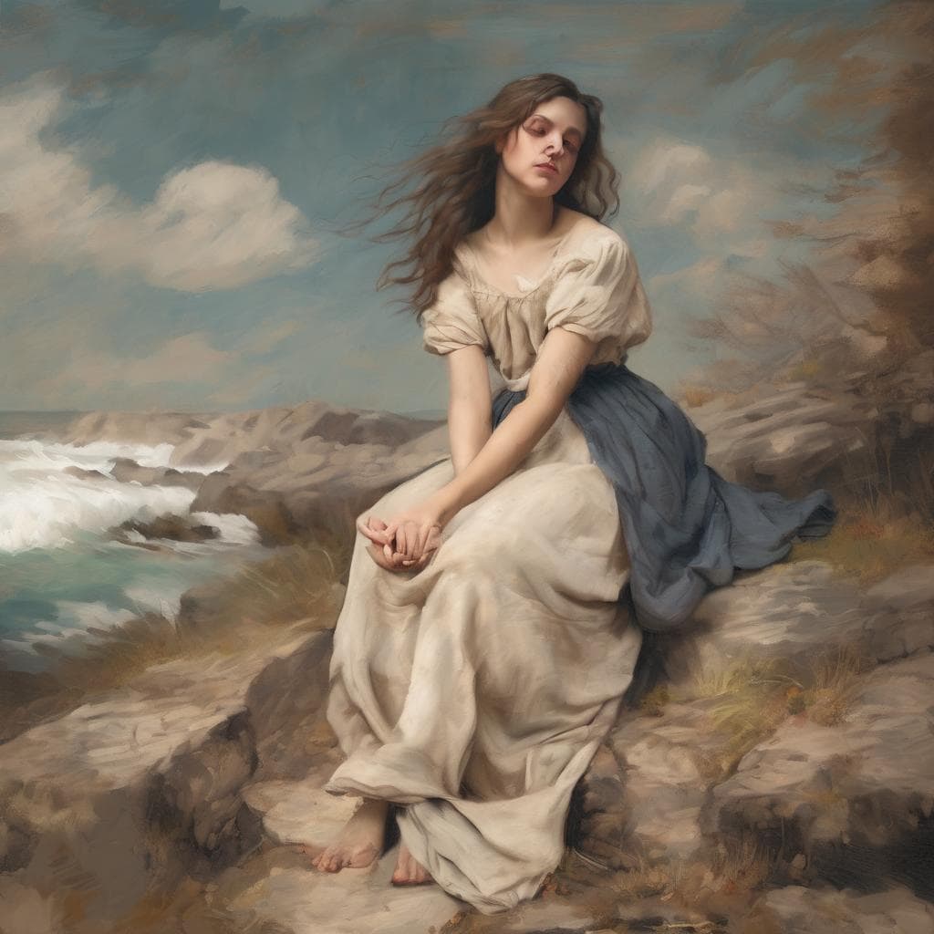 Όμορφη γυναίκα καθισμένη σε βραχώδη ακτή με θάλασσα και σύννεφα, ζωγραφική με νεροχρώματα, τέχνη και ευαισθησία.
