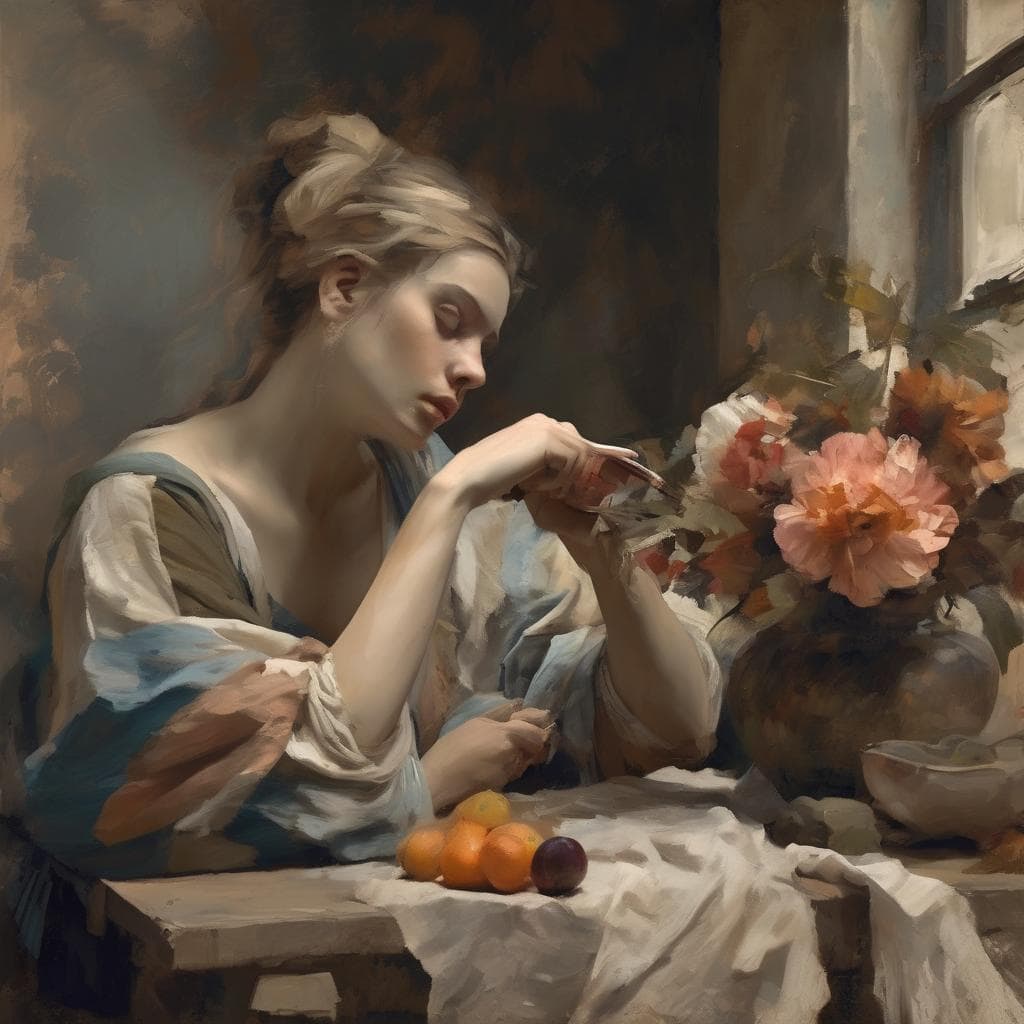 Ζωγραφική με νεροχρώματα: τεχνική και ευαισθησία σε πίνακα ζωγραφικής με νεροχρώματα, απεικονίζοντας νέα γυναίκα με λουλούδια και φρούτα.