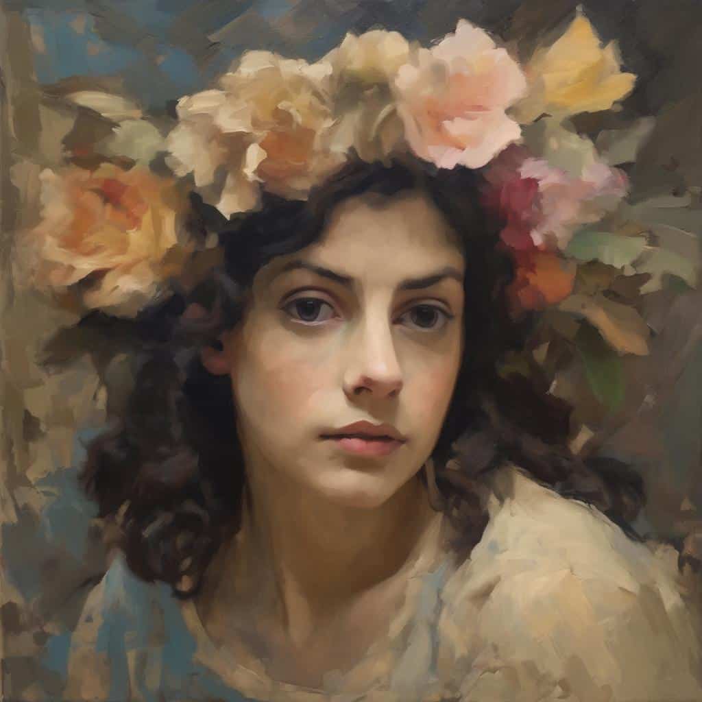 Ρομαντικό πορτραίτο γυναίκας με λουλούδια στην κεφαλή, νερομπογιές, τεχνική και ευαισθησία στη ζωγραφική, εντυπωσιακό έργο τέχνης, ελκυστική τέχνη.