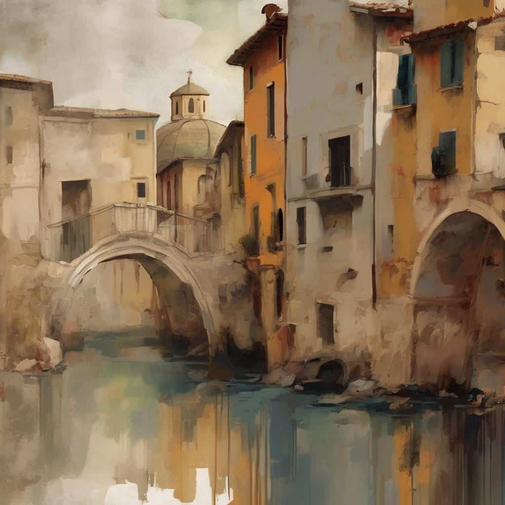 Γέφυρα και παλιά κτήρια σε υδατογραφία, δείγμα τεχνικής νεροχρώματος και ευαισθησίας στη ζωγραφική.
